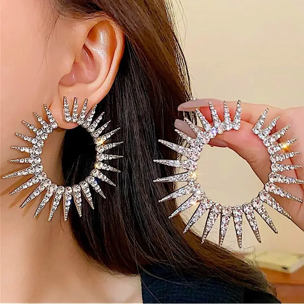 Exaggerated Spiked Zircon Earrings, Statement Silver Oversized Wedding